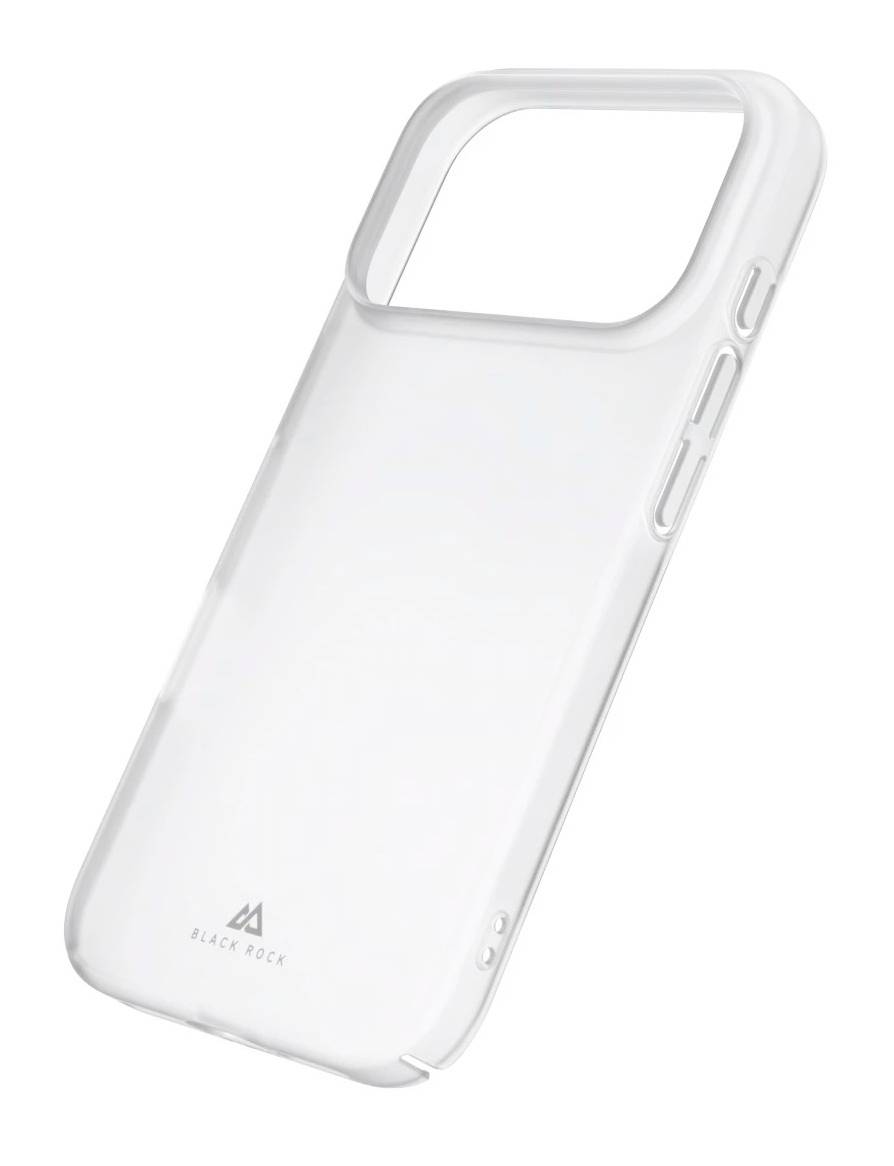 Custodia trasparente bianca per telefono con ampio ritaglio rettangolare per la fotocamera, mostrata su uno sfondo bianco semplice.