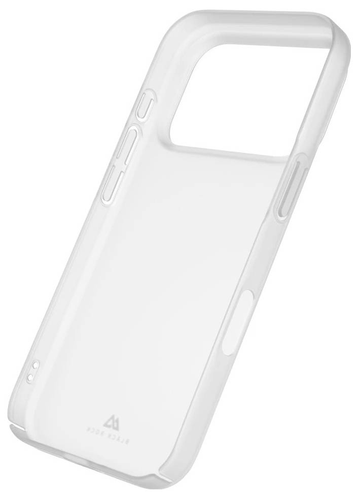 Custodia protettiva per smartphone trasparente con bordi paraurti rialzati e ritagli per i pulsanti, mostrata su sfondo bianco.