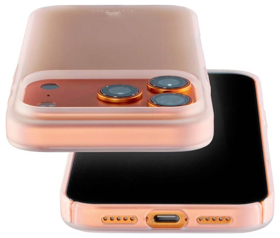 Smartphone rosa con custodia protettiva rialzata che mostra tre obiettivi della fotocamera posteriore e schermo nero, visto da davanti e da dietro dal basso.
