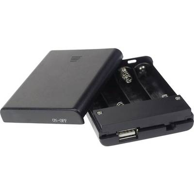 Vano batteria nero con interruttore on/off e porta USB, coperchio aperto che mostra lo spazio per due batterie AA.