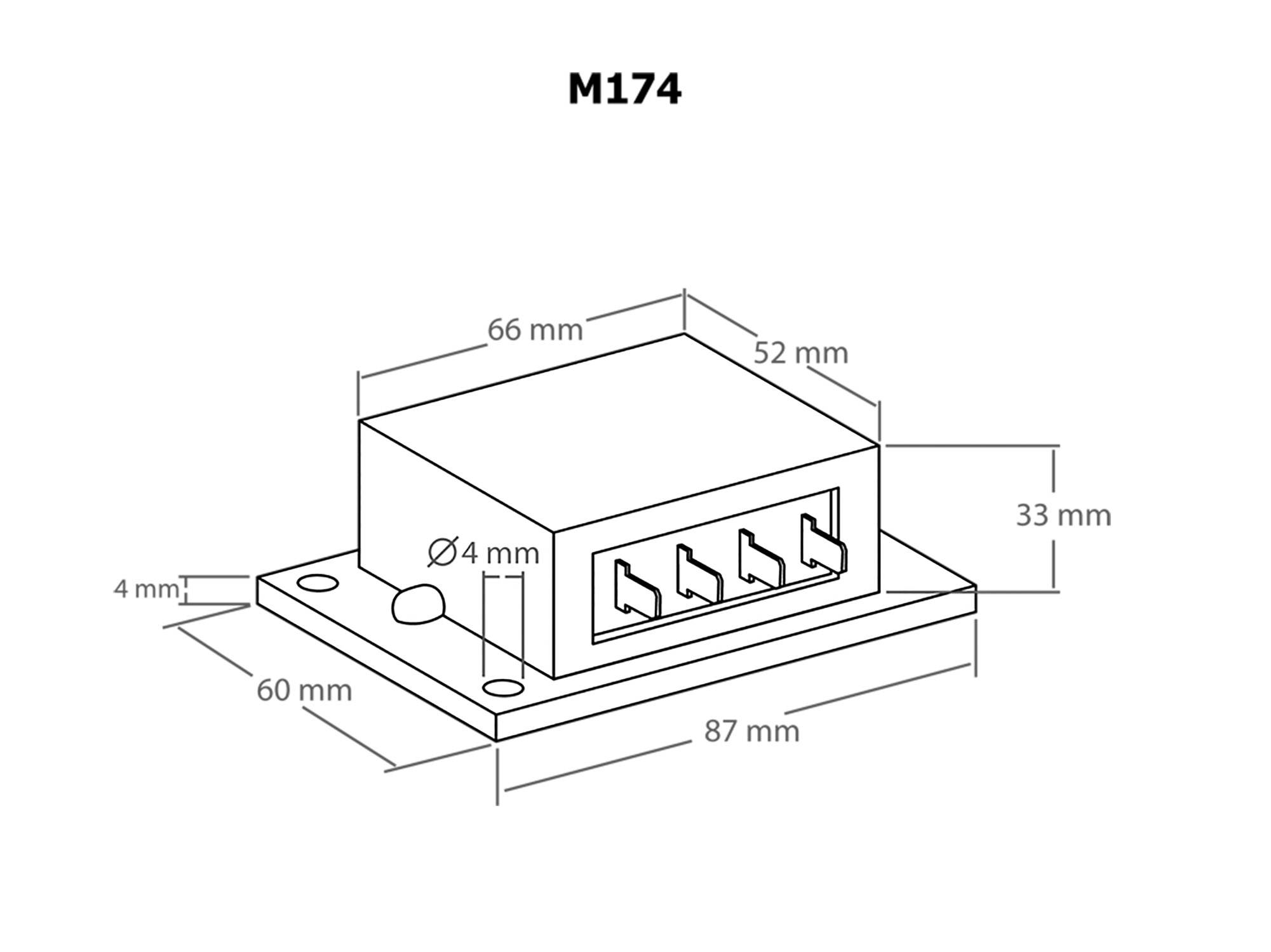 'Disegno di una scatola di derivazione rettangolare M174. Dimensioni: 87x60x33 mm. Sei morsetti di connessione e fori di fissaggio contrassegnati.'