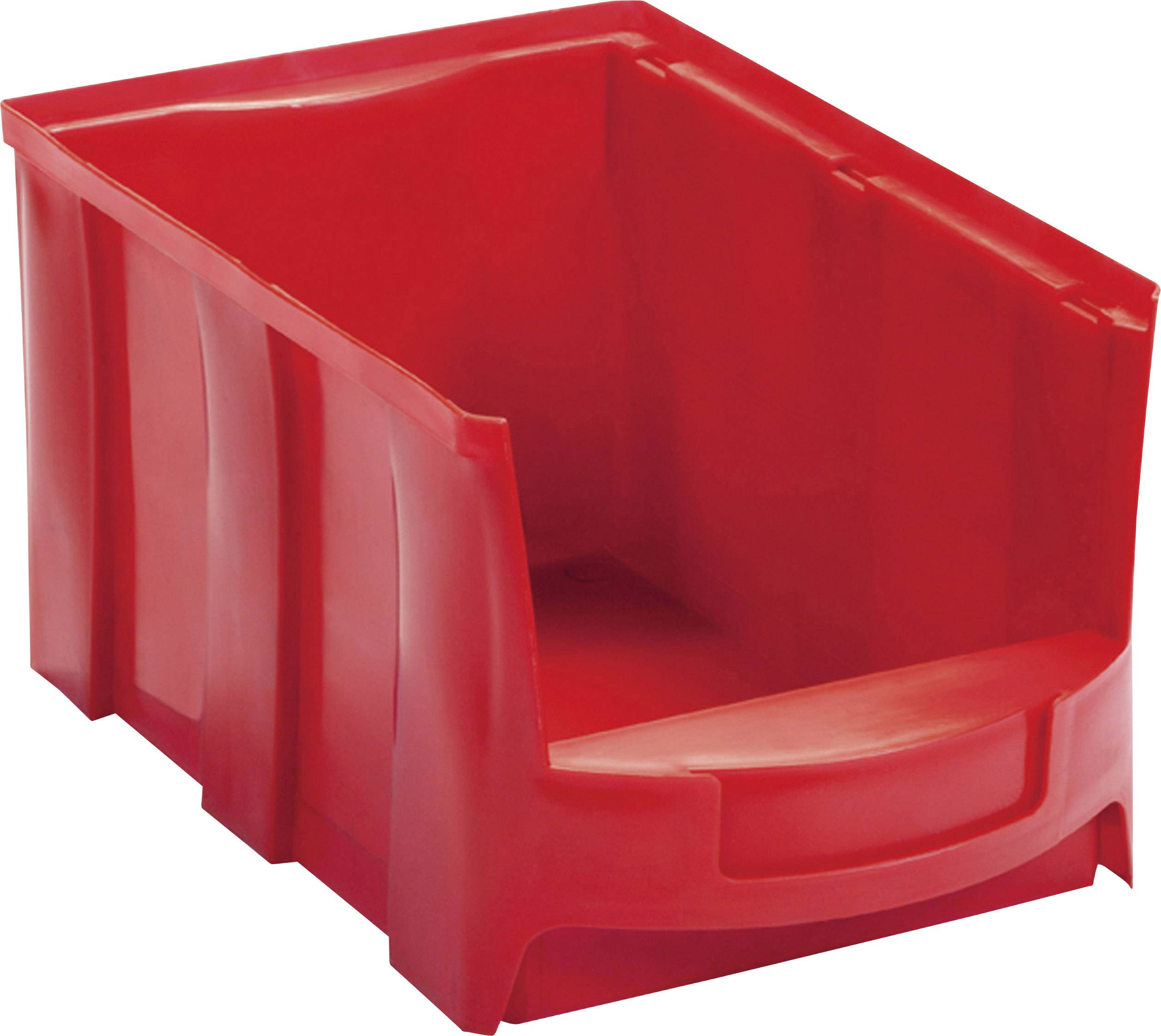 Contenitore portaoggetti rosso in plastica con lato anteriore aperto, ideale per conservare e prelevare rapidamente gli oggetti.