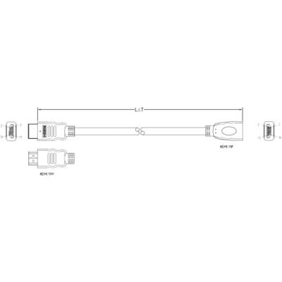 Diagramma mostra un cavo HDMI con dimensioni e tipi di connettori. A sinistra un connettore HDMI maschio 19M, a destra un connettore HDMI femmina 19F.