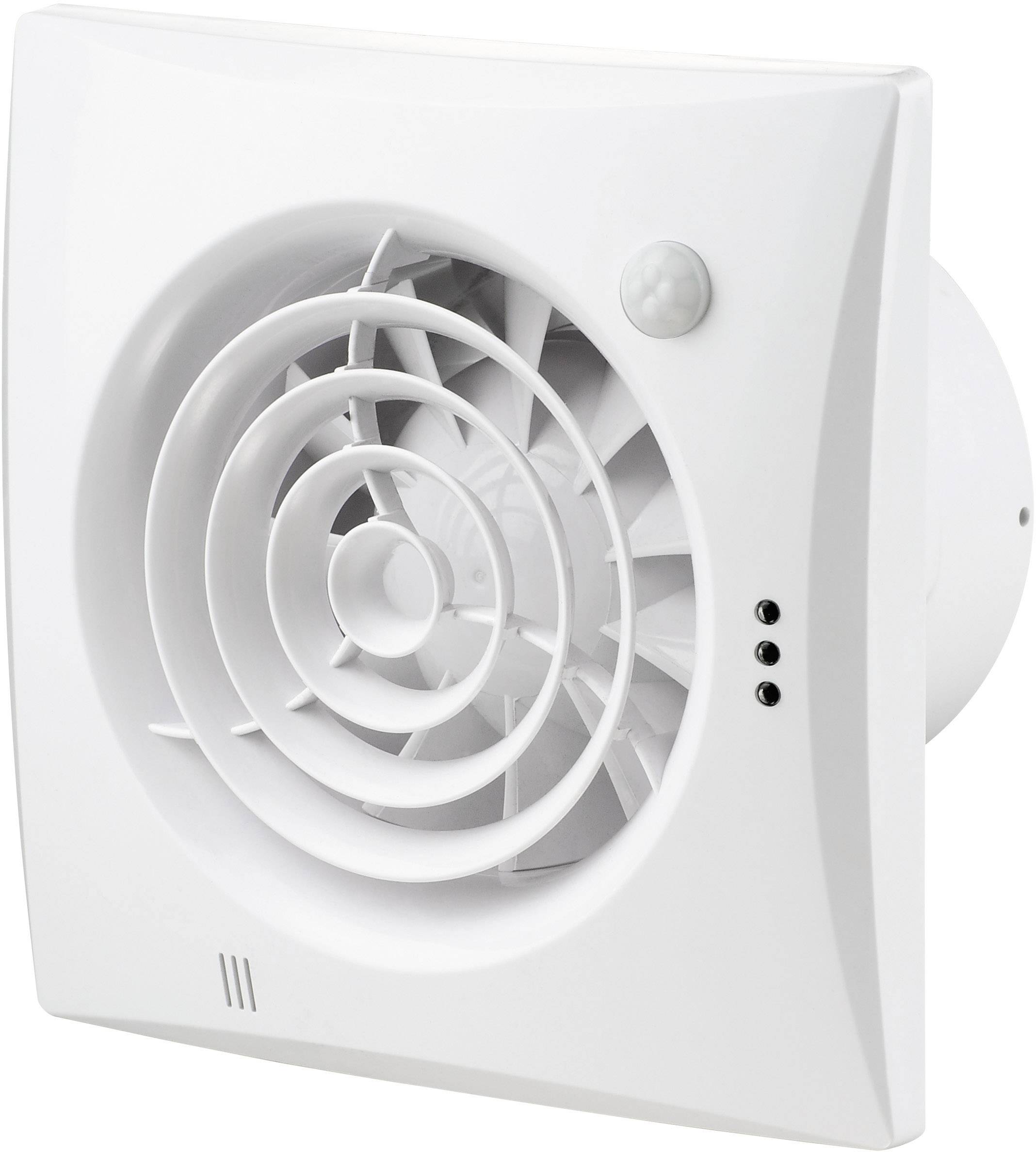 Un ventilatore bianco con una griglia a spirale, un sensore di movimento e tre piccoli pulsanti sul lato. Adatto per la ventilazione.