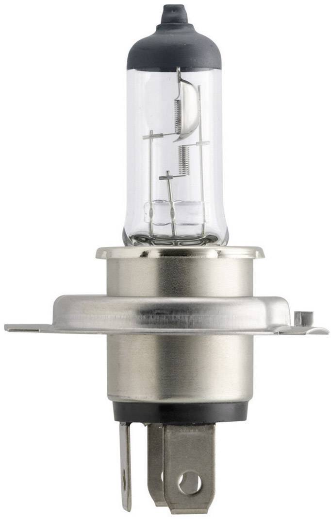 Una lampada alogena argentata con involucro di vetro trasparente e due contatti metallici alla base, raffigurata su sfondo bianco.