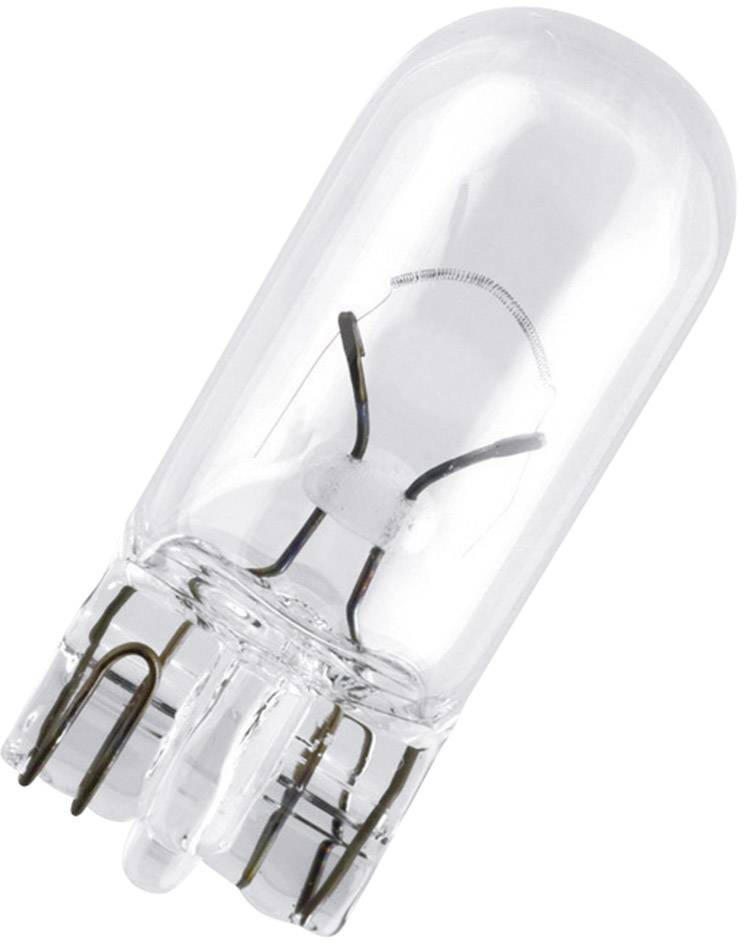 Una lampadina trasparente a forma cilindrica. Contiene un filamento visibile e contatti metallici alla base.