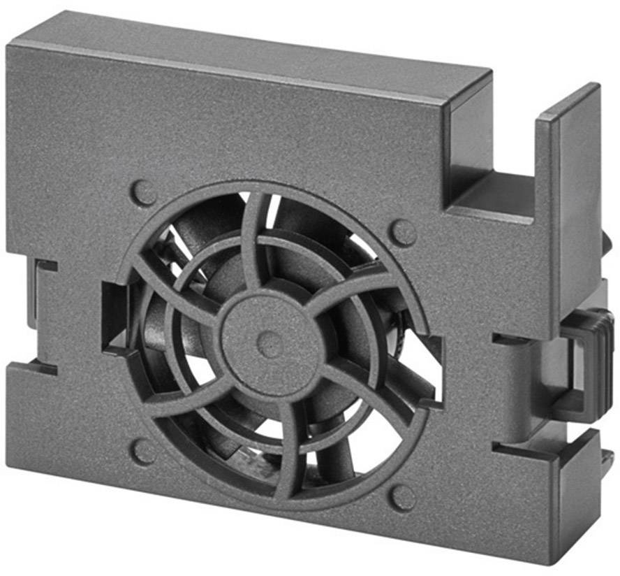 Un ventilatore nero in plastica con girante rotonda, montato in un alloggiamento rettangolare.