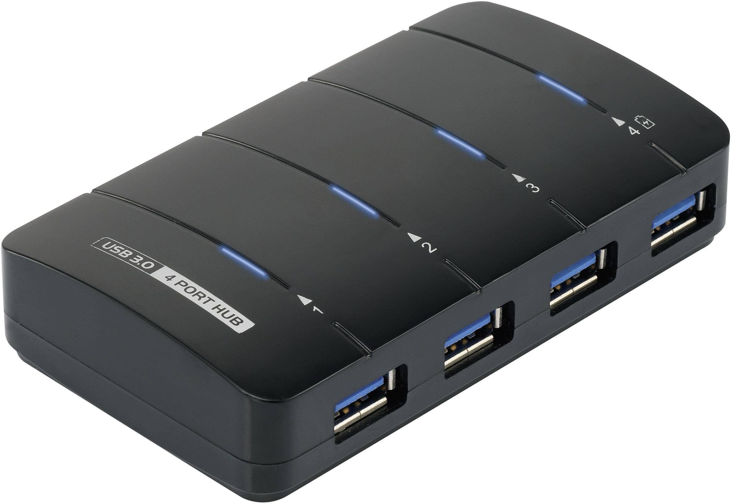 Hub USB 3.0 nero con quattro porte, con indicatori LED blu per connessioni attive. Ideale per espandere le porte USB.