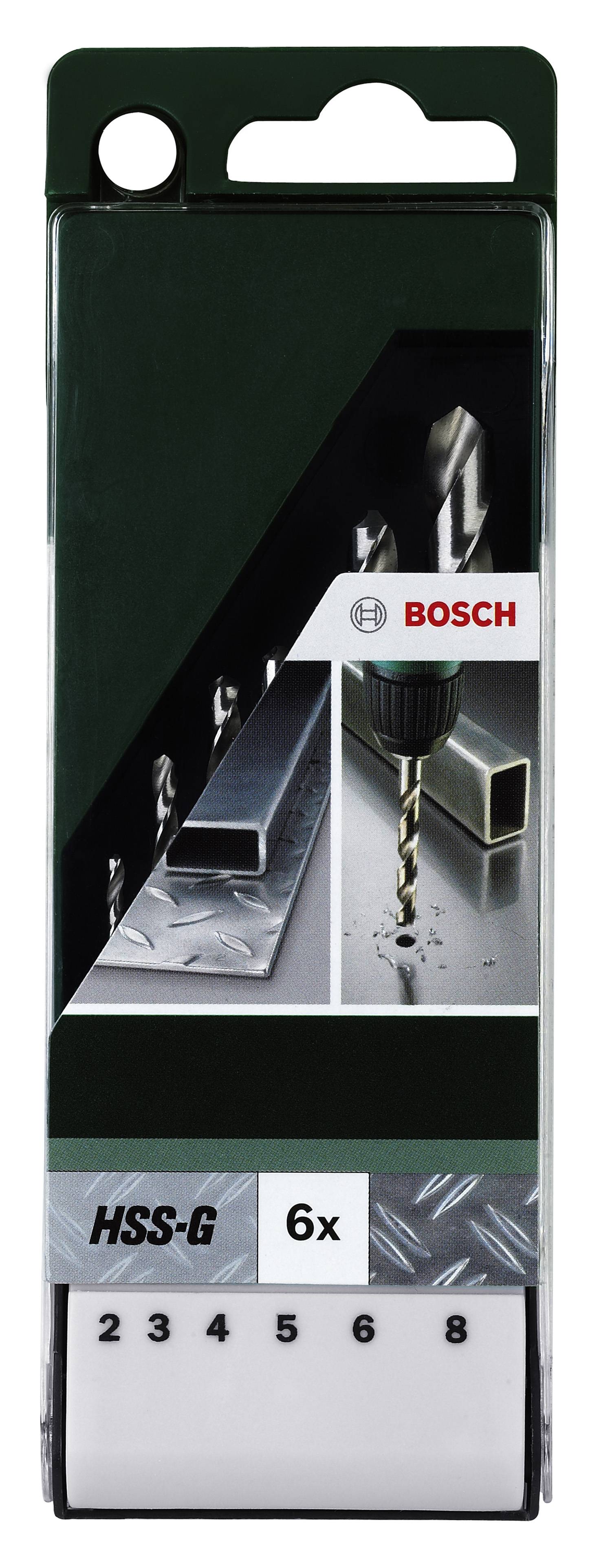 Confezione di un set di punte da trapano HSS-G a 6 pezzi di Bosch, che mostra punte per metallo e materiali metallici come esempi di applicazione.