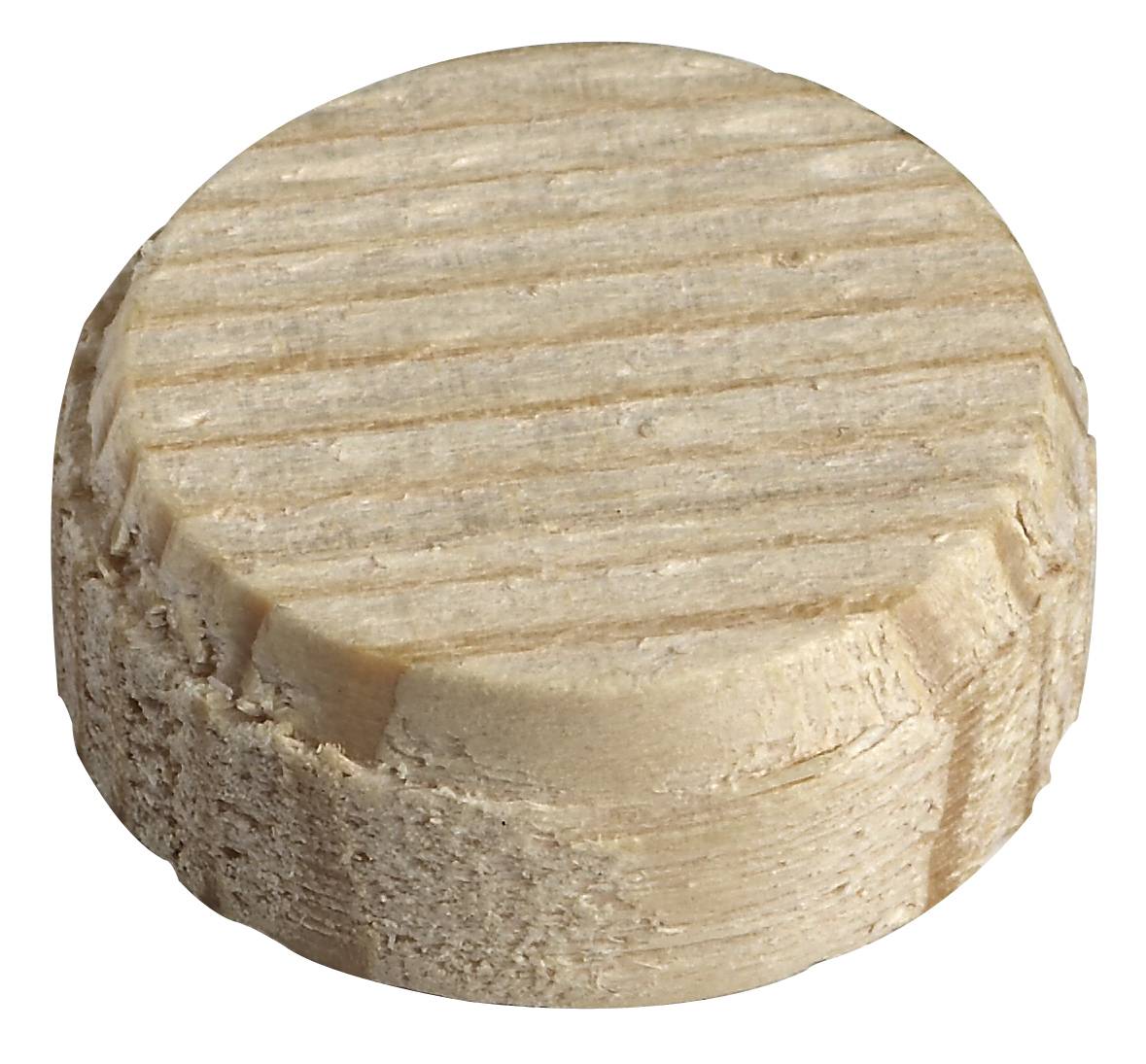 Un tassello tondo in legno color crema con texture scanalata.