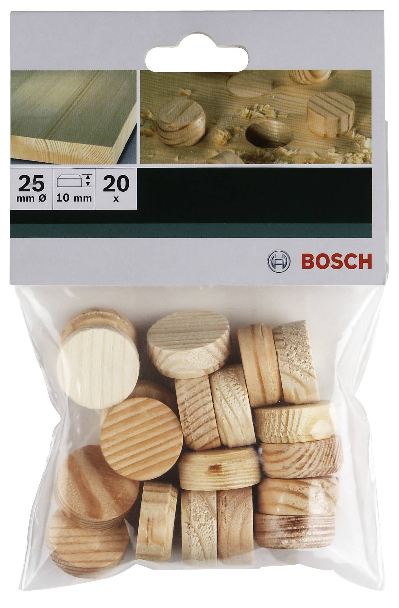 Un imballaggio con 20 coperchi in legno Bosch, diametro 25 mm, altezza 10 mm. Sulla parte superiore sono illustrate le possibili applicazioni.