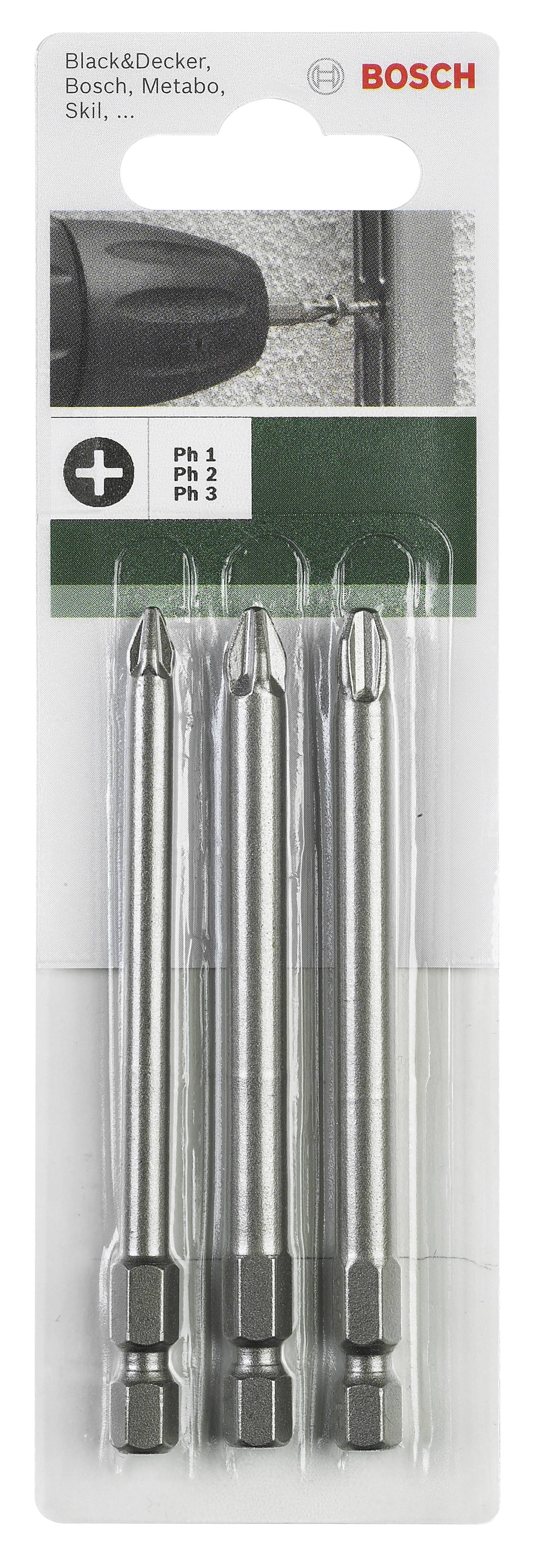 Confezione con tre inserti per avvitatore a croce in argento. Logo del marchio in alto. Adatti a diversi utensili.