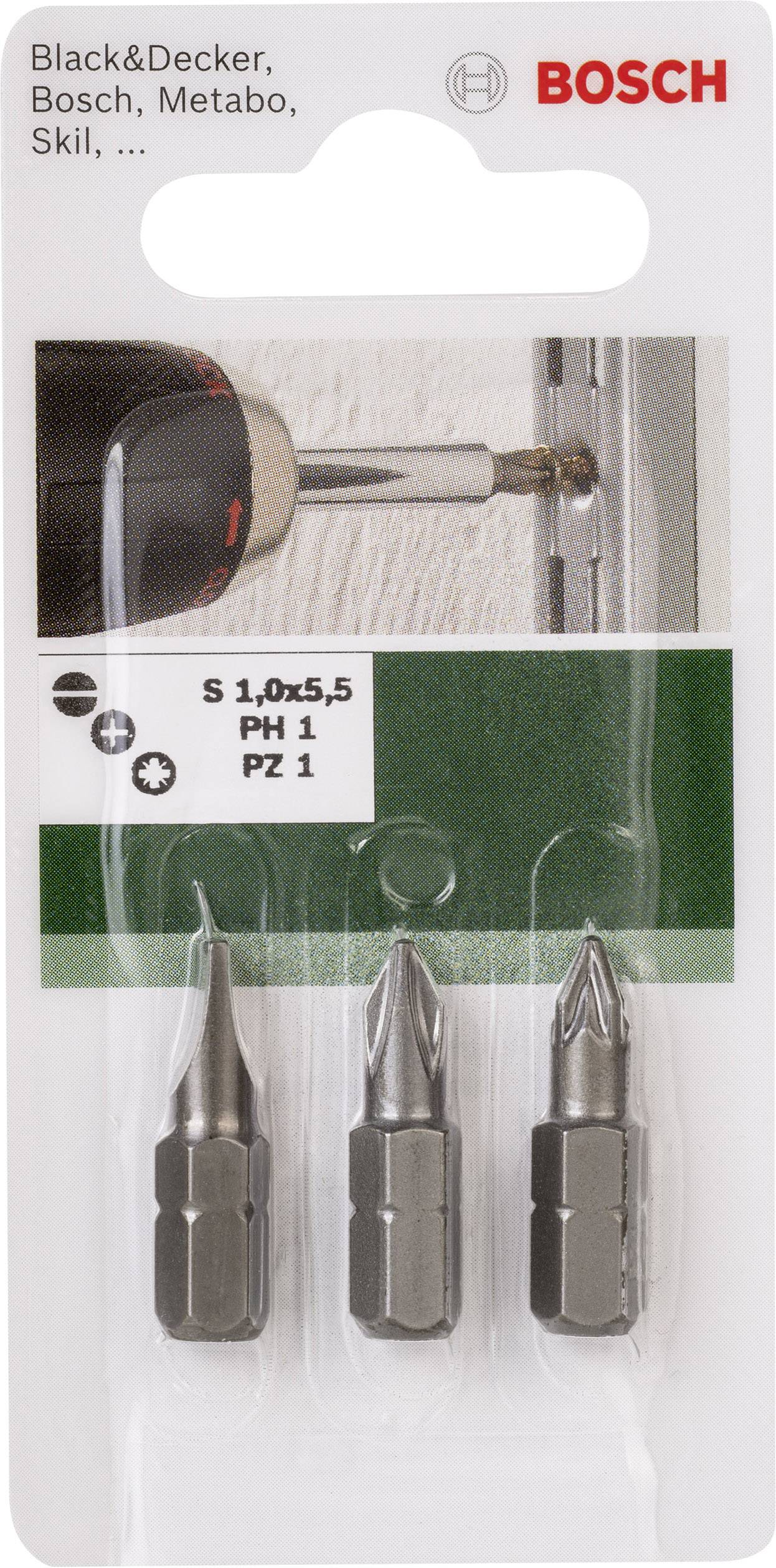 Set di bit per cacciavite Bosch in tre pezzi, adatto per Black&Decker, Bosch, Metabo, Skil. Contiene S 1,0x5,5, PH 1, PZ 1.