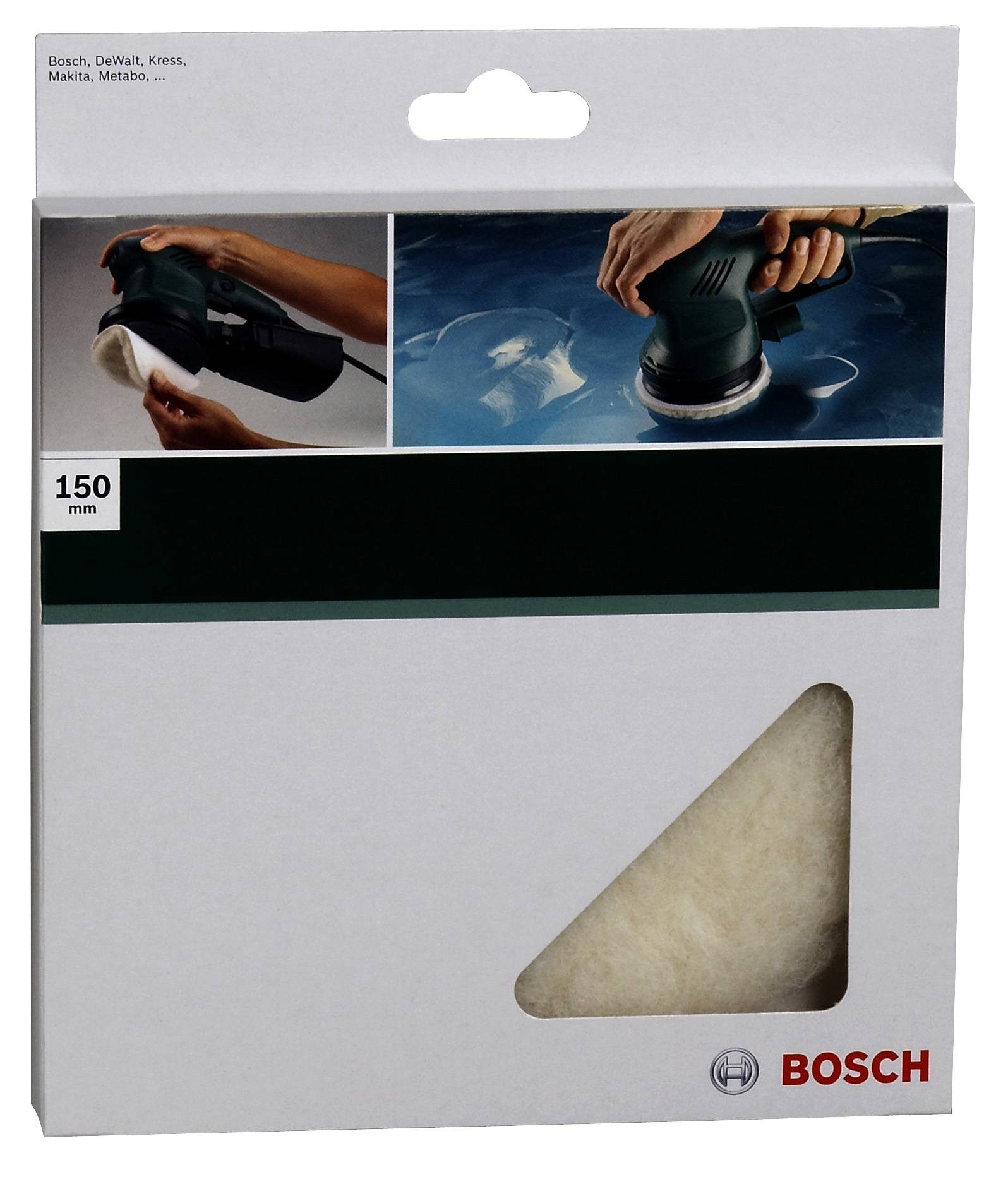 Confezione di un accessorio per lucidatura, adatto a lucidatrici di marchi come Bosch, DeWalt e Makita. Mostra il prodotto in uso.
