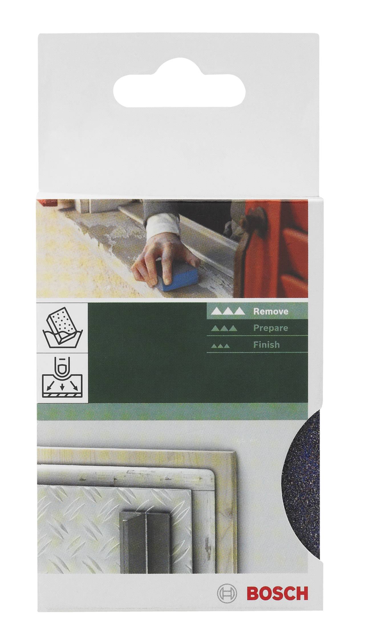 Confezione di un pad abrasivo Bosch. In alto un'immagine di una persona che leviga. Simboli per 'Rimuovere', 'Preparare', 'Finire'.
