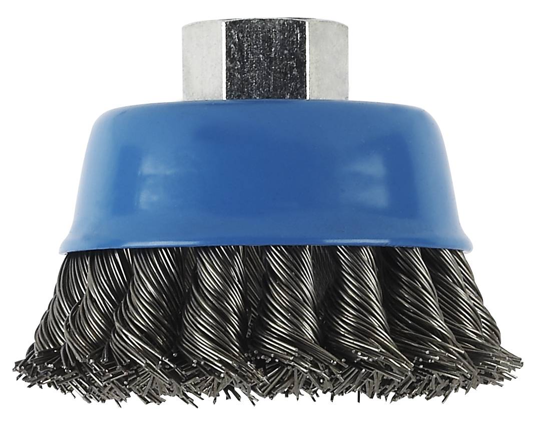 Spazzole metalliche con setole intrecciate e custodia in plastica blu, idonee per la pulizia di superfici metalliche o la rimozione della ruggine.