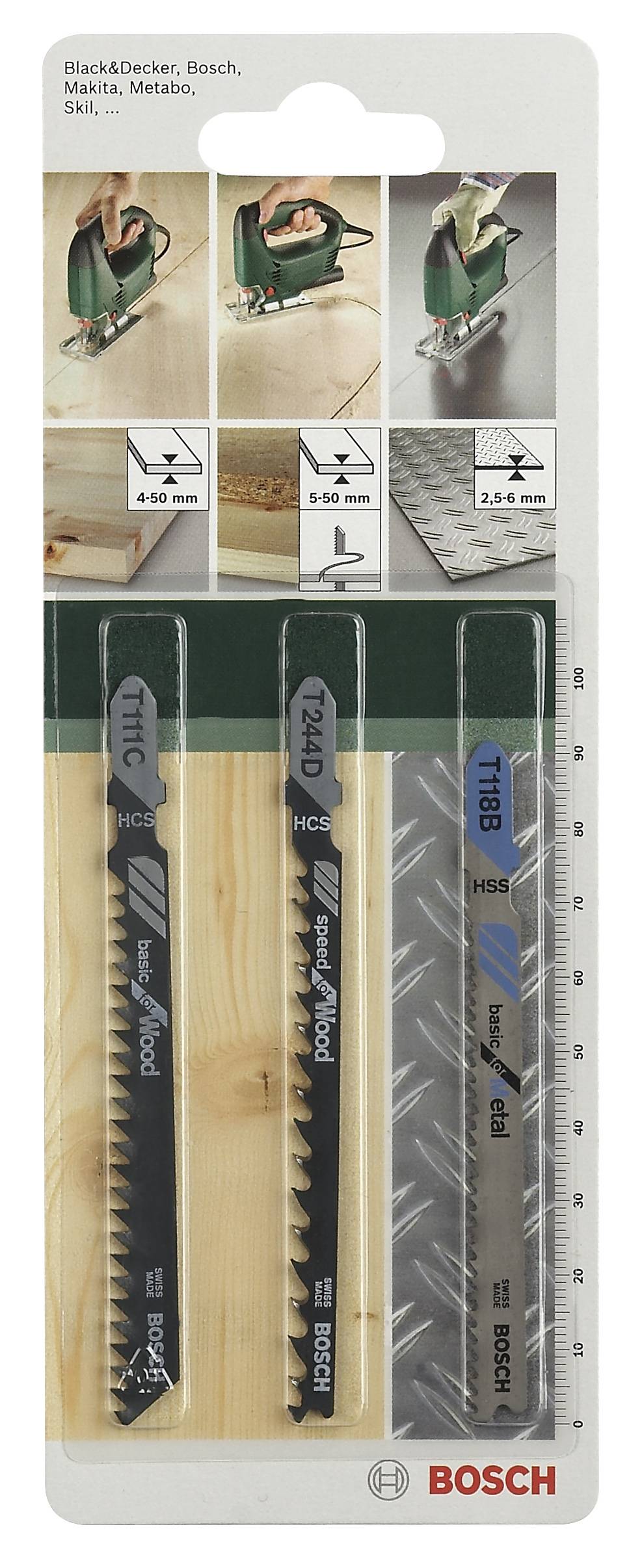 Tre lame da sega Bosch su una confezione, adatte per legno, metallo e plastica. Illustrazioni mostrano applicazioni e misure.