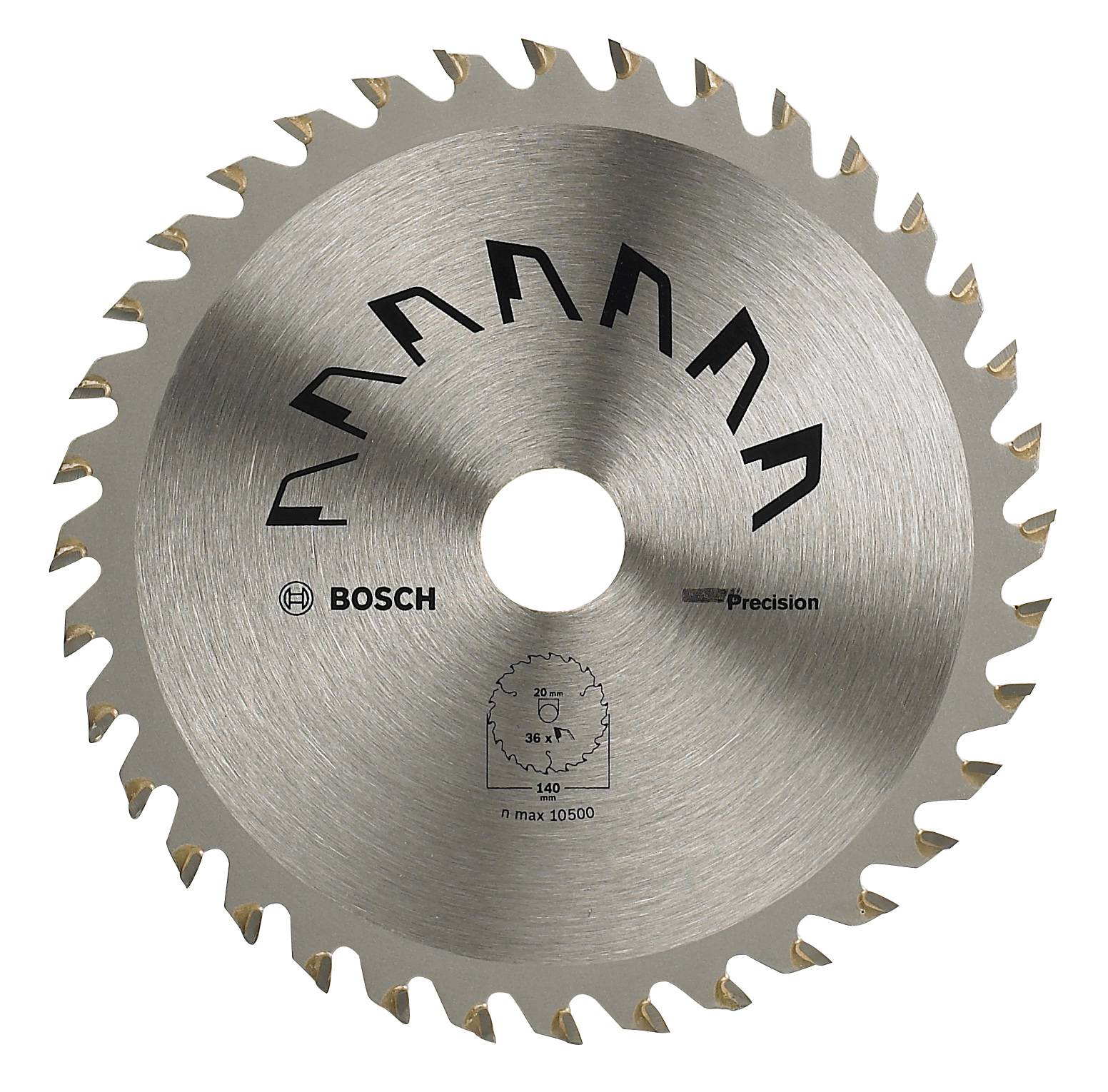 Lama per sega circolare con denti per lavori in legno, logo del marchio e specifiche tecniche, fino a un massimo di 10.500 giri/min.