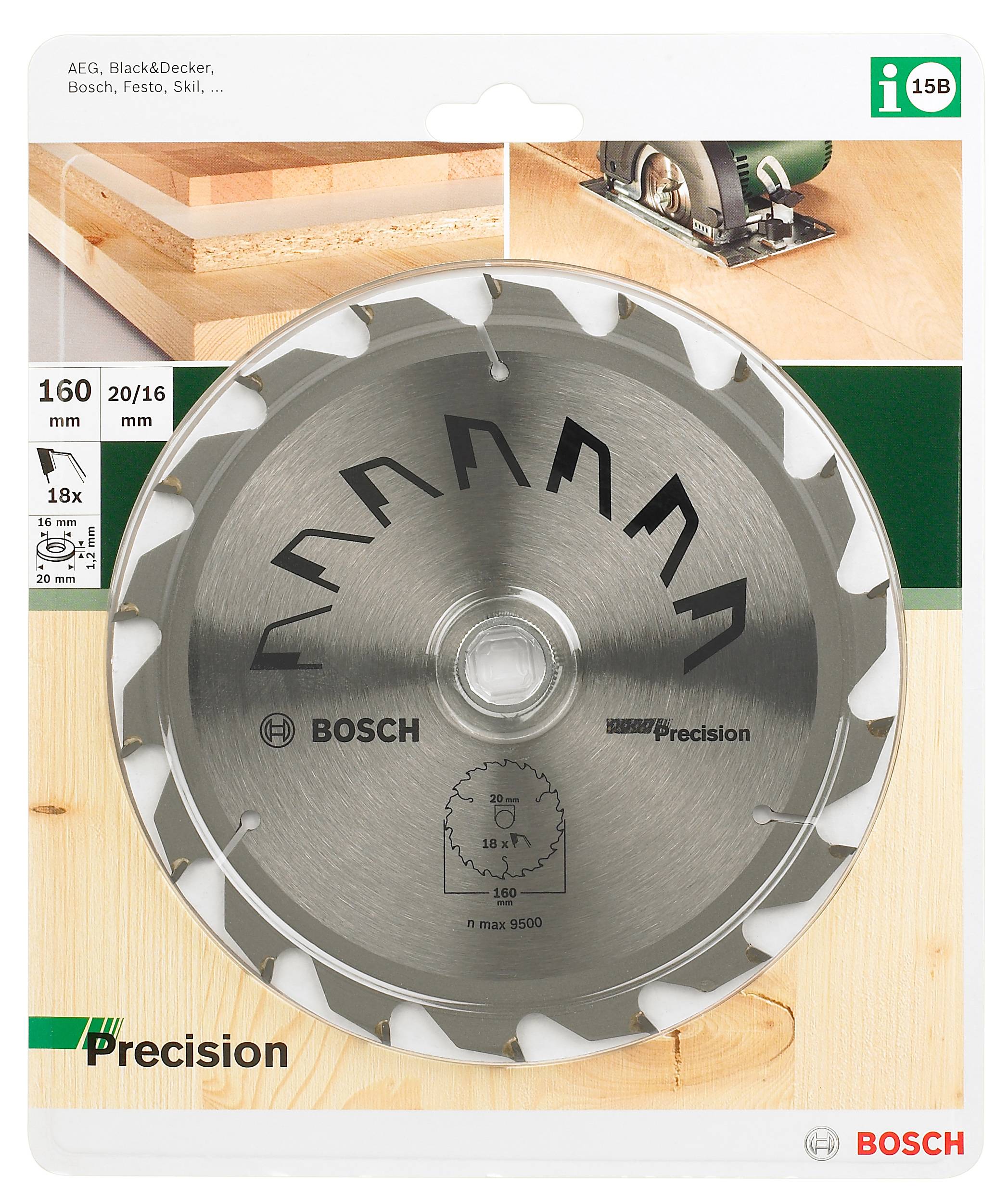 Lama per sega circolare Bosch con la scritta 'Precision', diametro 160 mm, per applicazioni su legno e uso universale. La confezione mostra le istruzioni d'uso.
