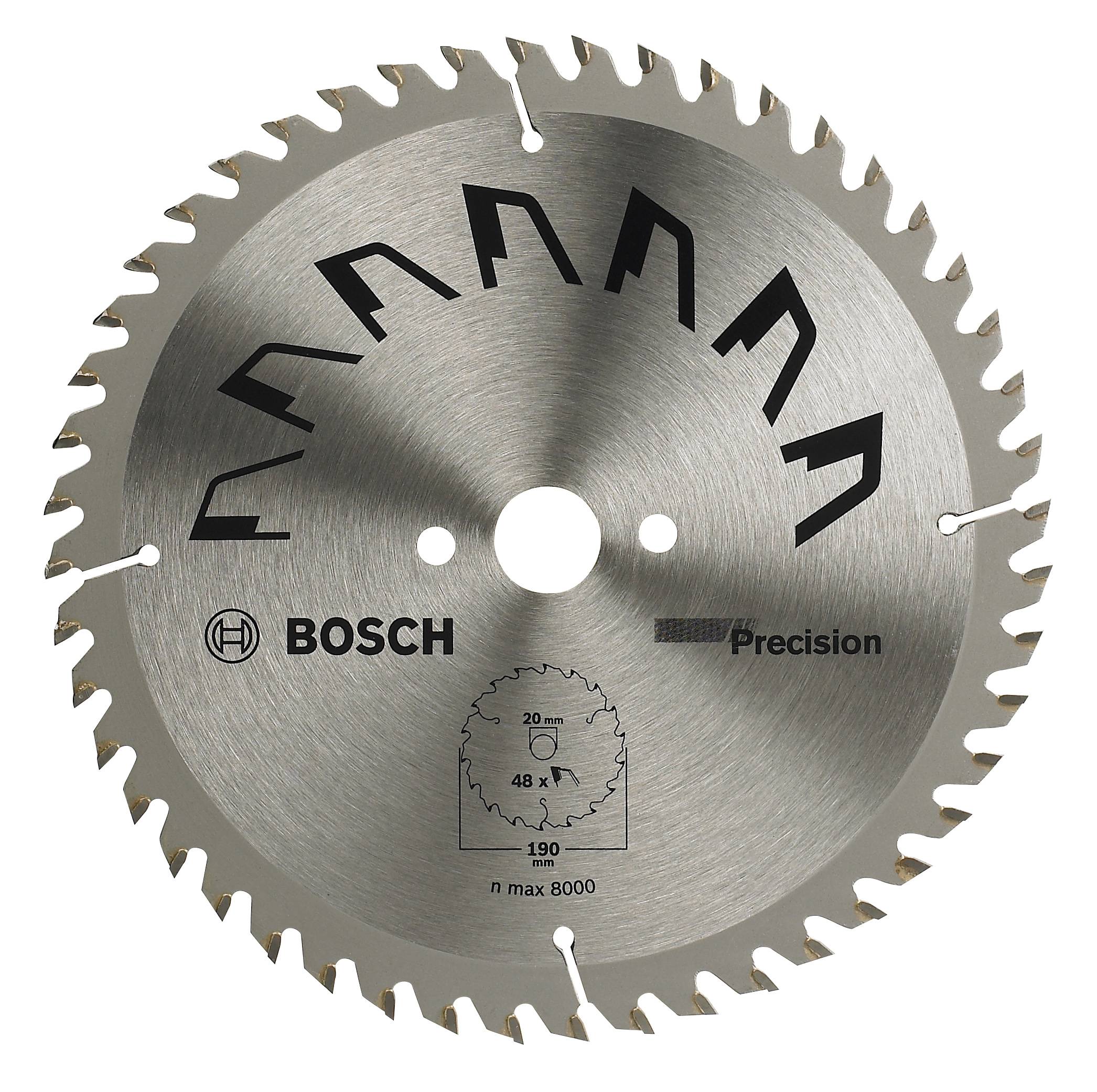 Lama di sega circolare con logo Bosch e scritta 'Precision', mostra i denti e il foro centrale, adatto per lavori in legno.