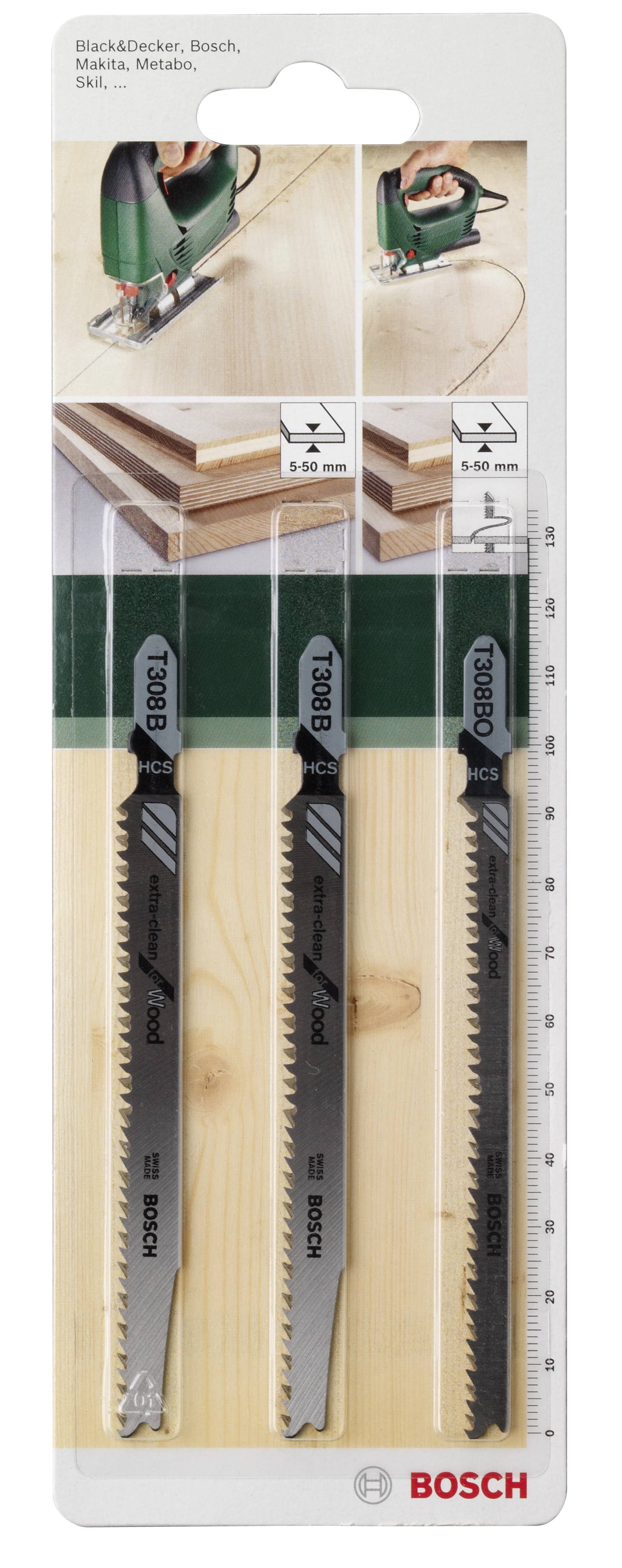 Confezione con tre lame per seghetto alternativo Bosch; ciascuna diversa per legno, metallo e plastica. Adatte per tagli precisi.