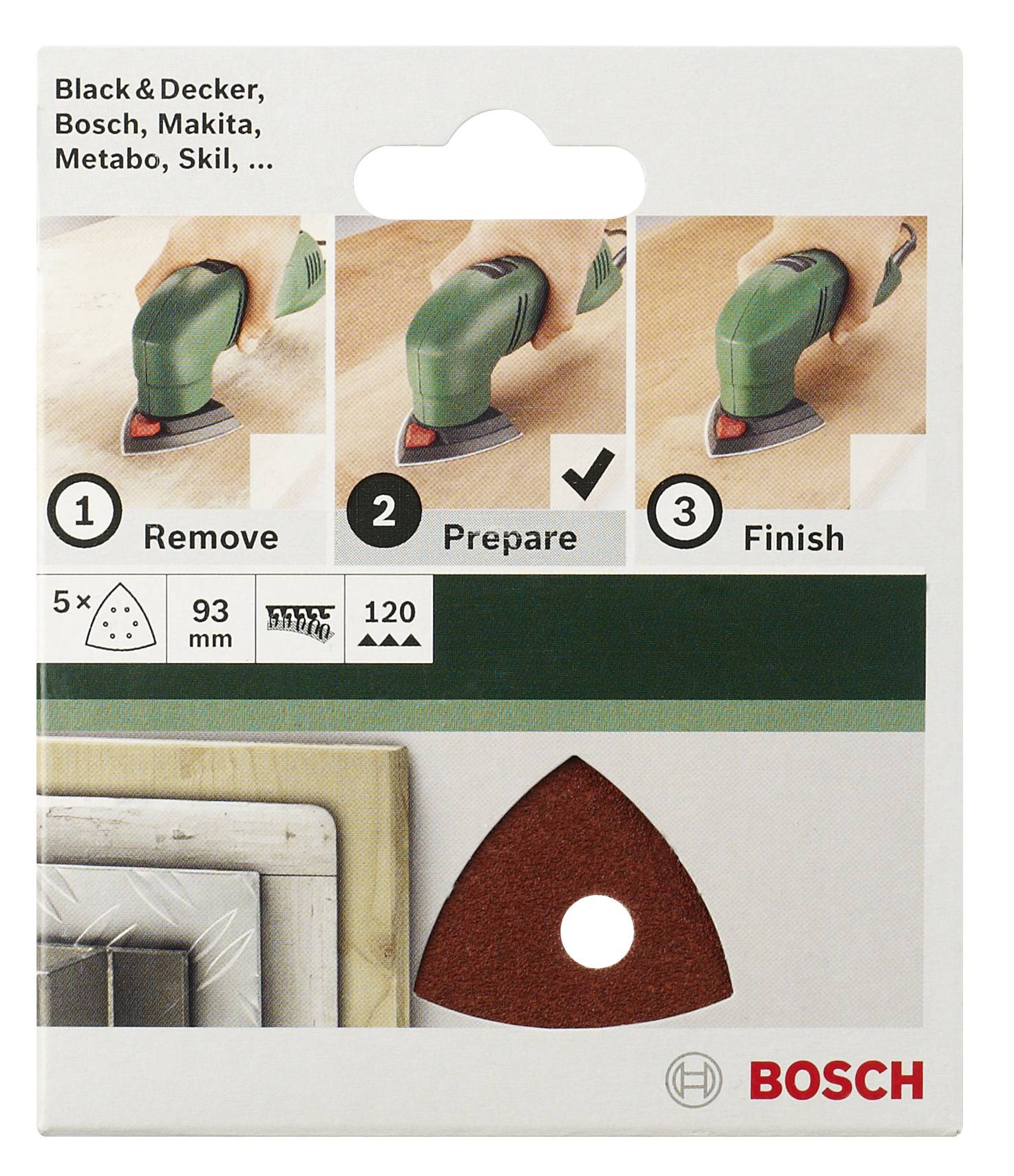 Packaging di un accessorio per utensile da taglio Bosch, mostra i passaggi di applicazione: 1. Rimuovere, 2. Preparare, 3. Completare.