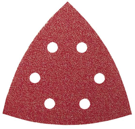 Carta abrasiva rossa a forma triangolare con sei fori rotondi, utilizzata per levigatrici elettriche manuali.