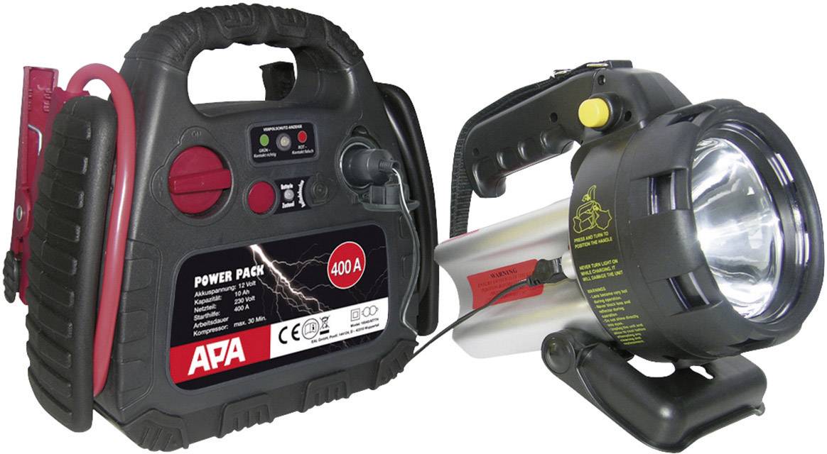 Avviatore portatile con luce integrata. Il dispositivo ha indicatori per lo stato di carica e la tensione. Adatto all'avviamento di auto con batteria scarica.