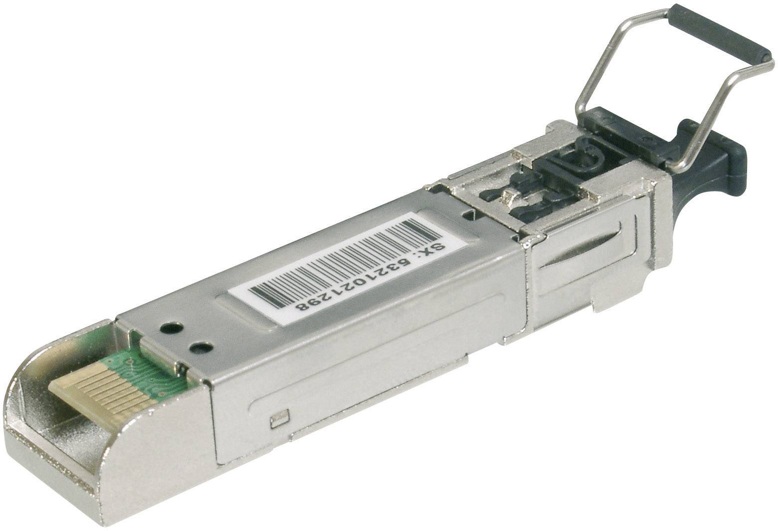 Un transceiver SFP rettangolare di colore argento con codice a barre e leva, utilizzato per connessioni di rete in sistemi IT.