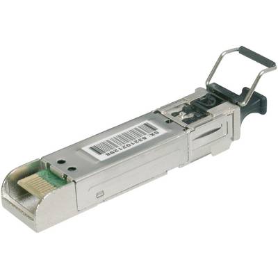 Un transceiver SFP rettangolare di colore argento con codice a barre e leva, utilizzato per connessioni di rete in sistemi IT.