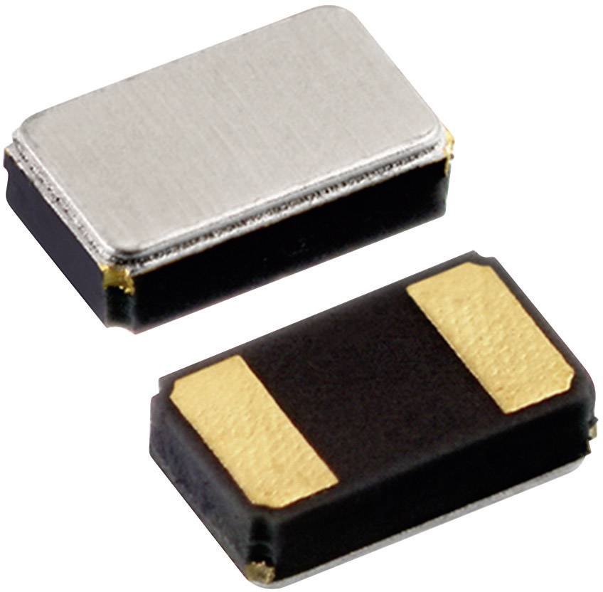 'Due oscillatori di quarzo SMD in forma rettangolare, quello superiore con involucro metallico, quello inferiore con involucro nero e connettori dorati.'