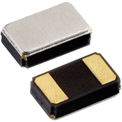 'Due oscillatori di quarzo SMD in forma rettangolare, quello superiore con involucro metallico, quello inferiore con involucro nero e connettori dorati.'