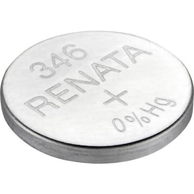 Batteria a bottone d'argento con la scritta '346 RENATA 0% Hg', simboleggia un'alimentazione priva di mercurio.