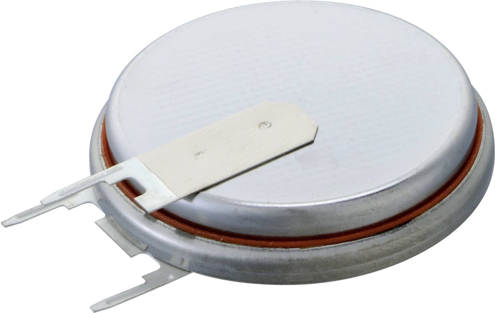 Una batteria a bottone rotonda con involucro metallico e due terminali. Adatta per piccoli dispositivi elettronici.