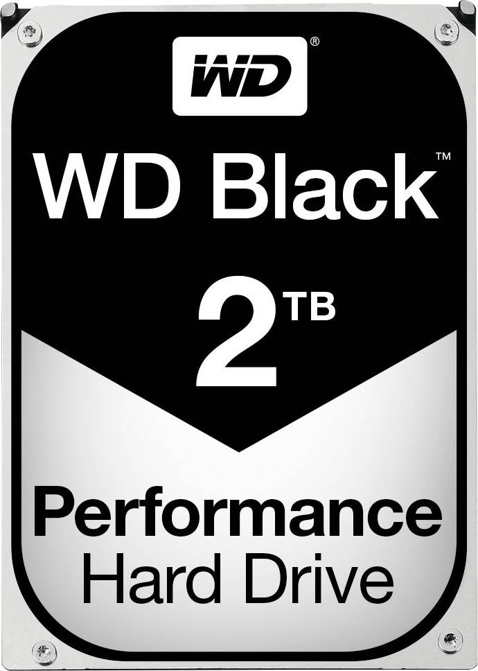 Etichetta hard disk con 'WD Black 2TB Performance Hard Drive'. Freccia nera che punta verso il basso, testo in bianco, logo del marchio in alto.
