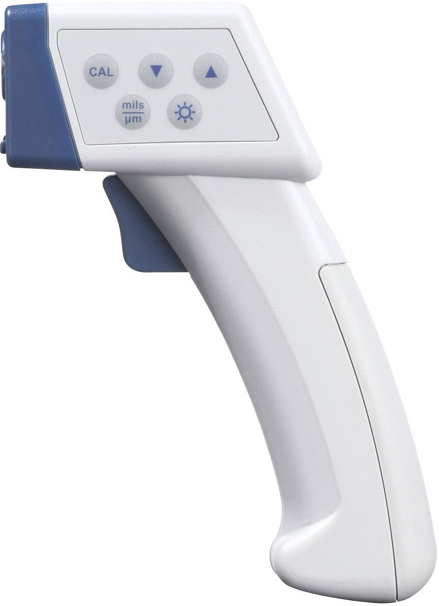 Un dispositivo manuale con display e pulsanti per la calibrazione, selezione delle unità ('mils'/'µm'), e un tasto con simbolo solare.