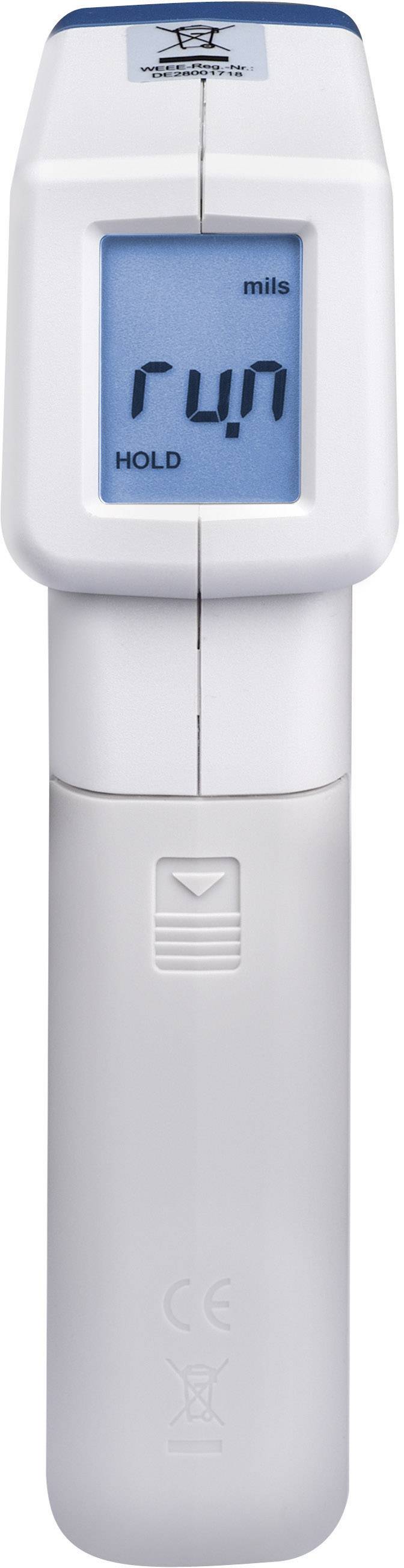 Dispositivo digitale palmare con display che mostra 'run'. Utilizzato per la misurazione, superficie bianca con display blu.