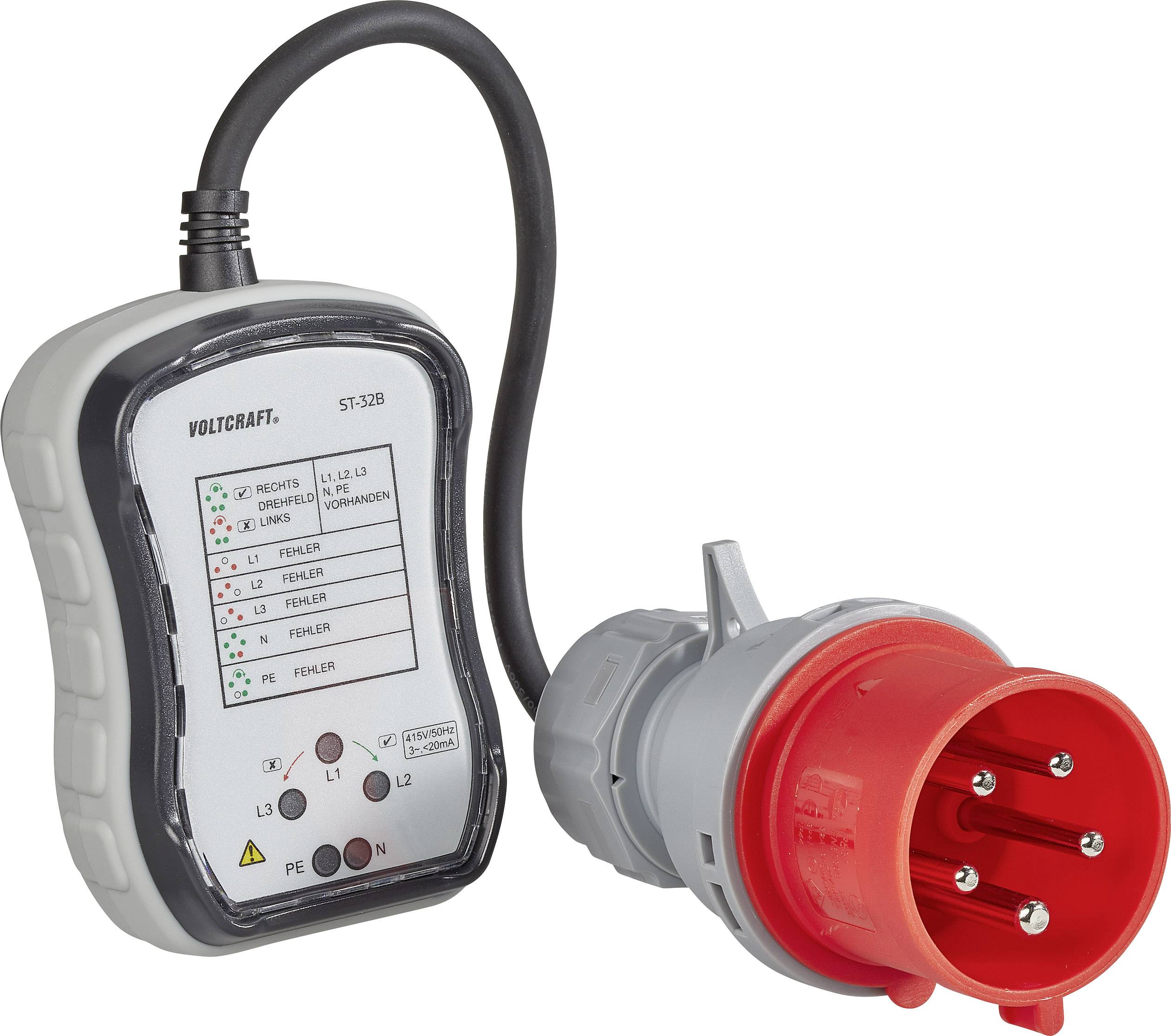Dispositivo per la verifica di spine trifase con connettore a cinque poli e indicatori LED per la corretta sequenza di fase e la messa a terra.