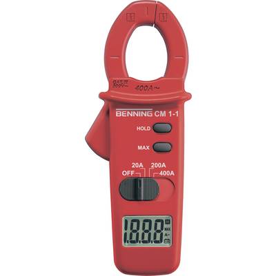 Un amperometro a pinza rosso con display digitale. Mostra '188.8' e ha opzioni di impostazione per 20A, 200A e 400A.