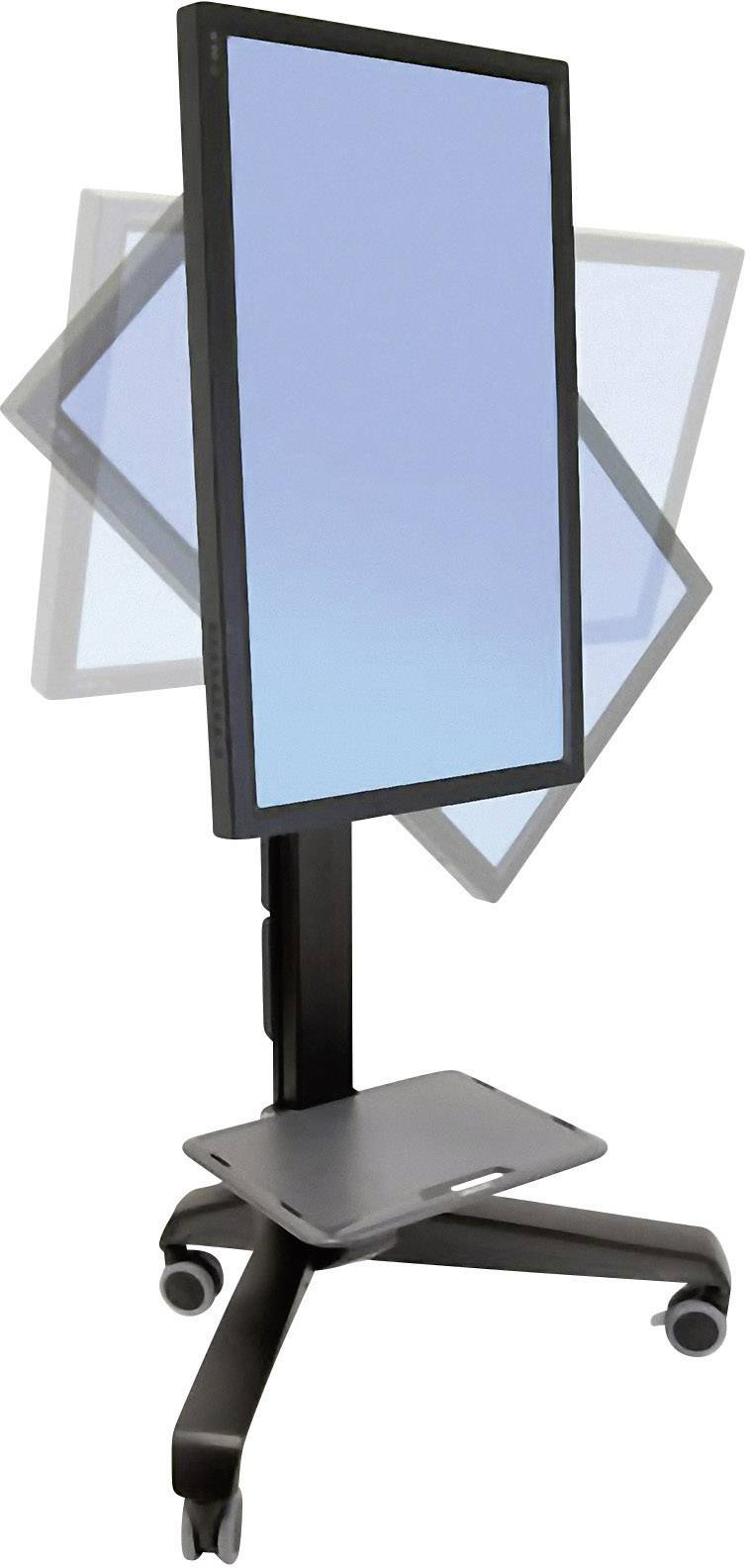 'Un supporto mobile con monitor ruotabile in verticale. Lo schermo del monitor mostra una superficie blu.'
