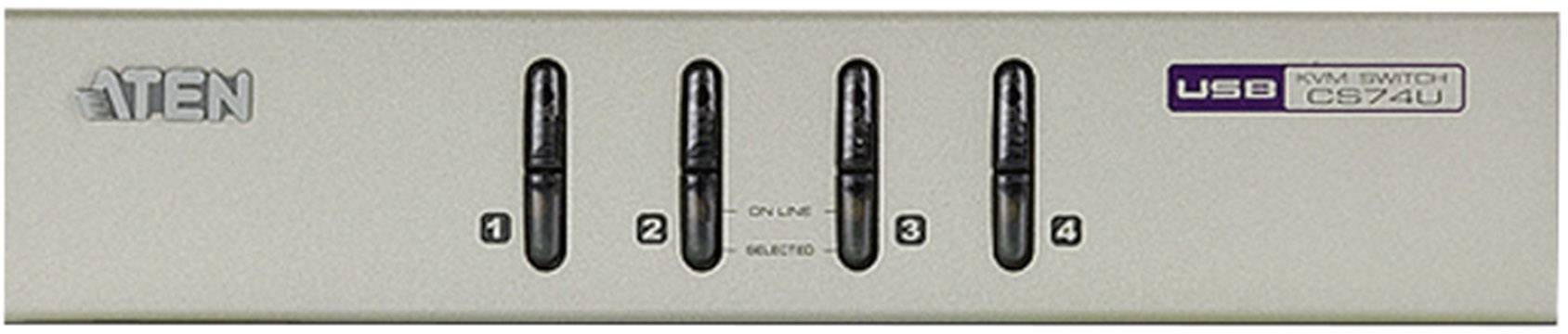 Pannello frontale switch KVM con quattro porte USB numerate e LED che indicano la porta attiva, di marca 'ATEN'.