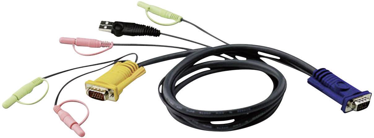 Un set di cavi KVM con connettori VGA, USB e audio. Comprende spine gialle, rosa, verdi, blu e nere per diversi tipi di connessione.