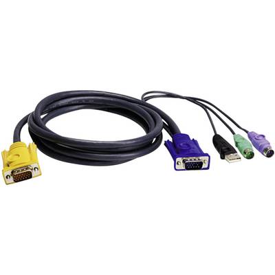 Un cavo switch KVM con connettori VGA, USB e PS/2; utilizzato per collegare e controllare più computer con una singola tastiera e mouse.