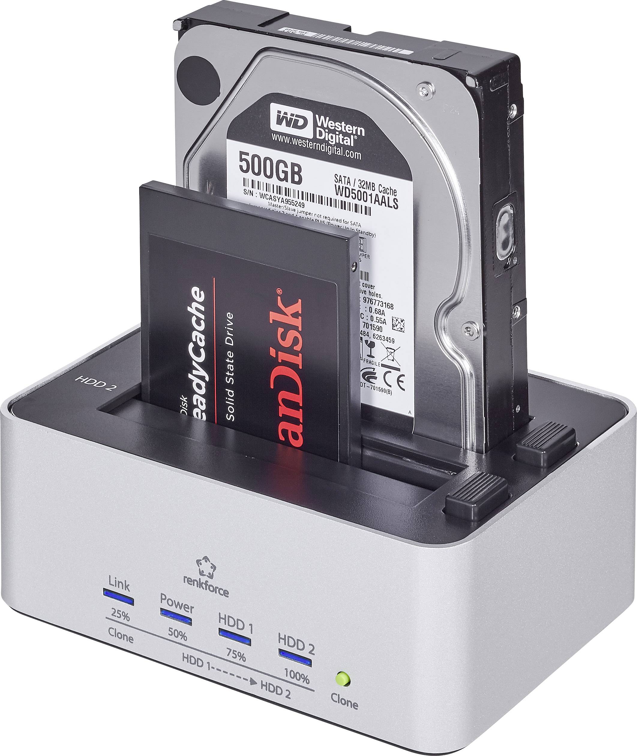 Renkforce rf-docking-07 USB 3.2 (Gen 1x1) SATA 6 Gb/s 2 Porte Docking Station per hard disk 2.5 pollici, 3.5 pollici Con