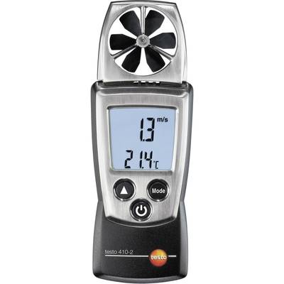 Un anemometro mostra '1,3 m/s' e '21,4°C' su un display digitale, con tasti di controllo sotto di esso.