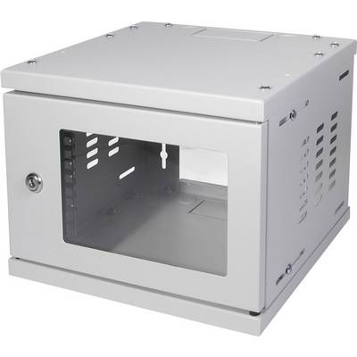 Contenitore metallico grigio da parete con porta in vetro e fessure di ventilazione sui lati. Utilizzato per la conservazione sicura di apparecchiature di rete.