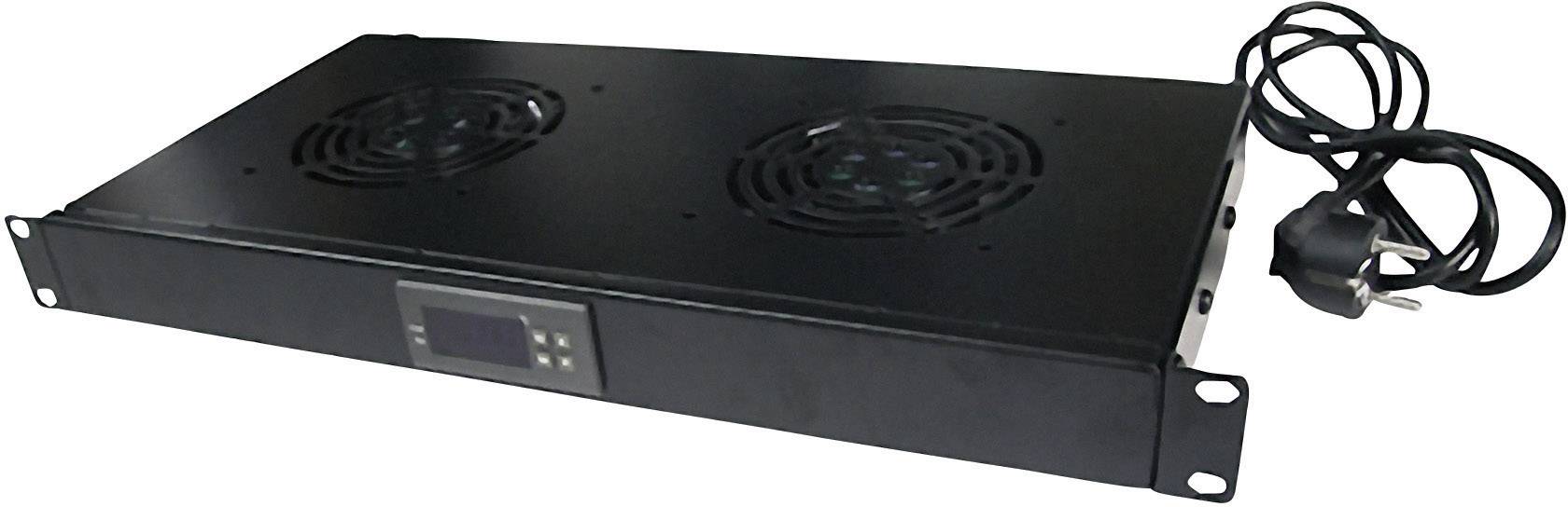 Un ventilatore di raffreddamento rack da 19 pollici di colore nero, dotato di due ventole e display digitale, collegato a un cavo di alimentazione con spina.