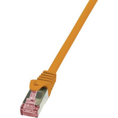 Un cavo Ethernet arancione termina con un connettore RJ45.