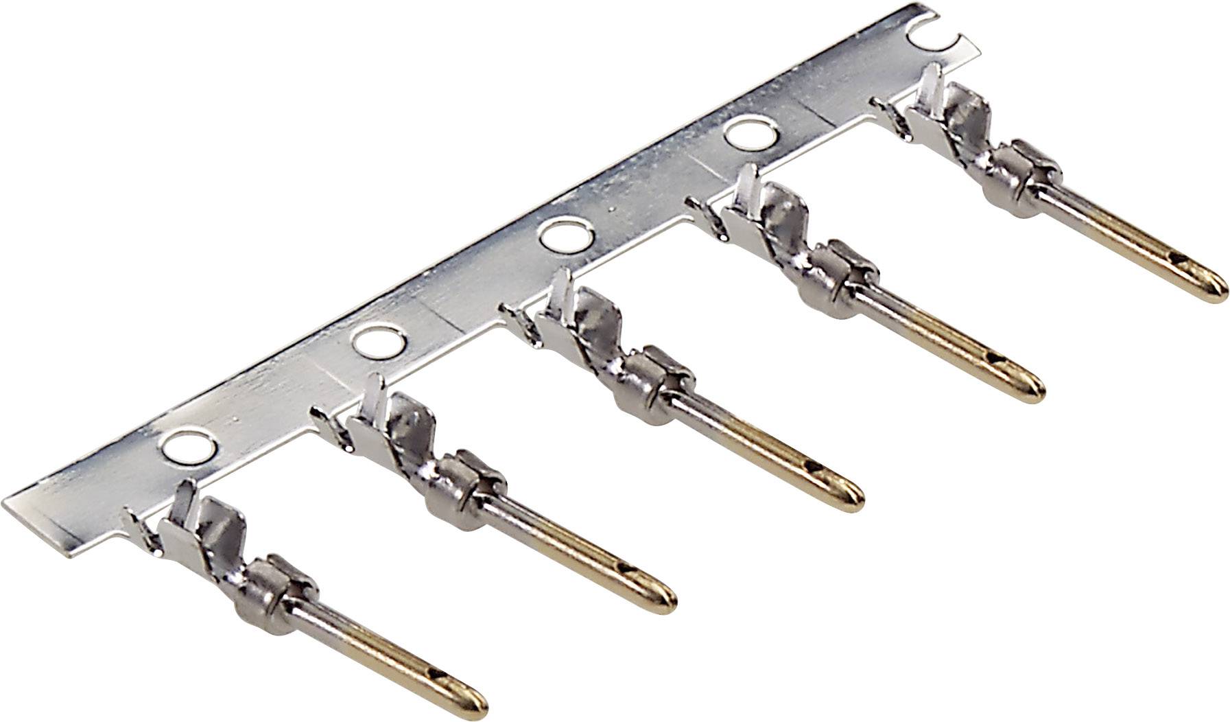 Connettore metallico con cinque pin disposti in fila, montato su una guida metallica. Adatto per applicazioni elettriche.