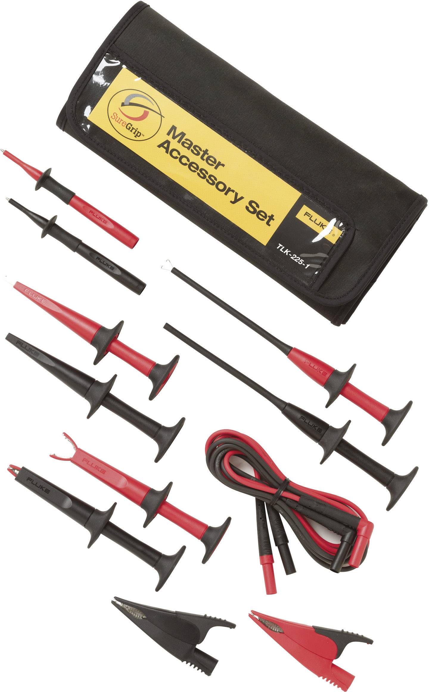 Un set di accessori master con vari puntali e cavi, principalmente in rosso e nero, per misurazioni elettriche.